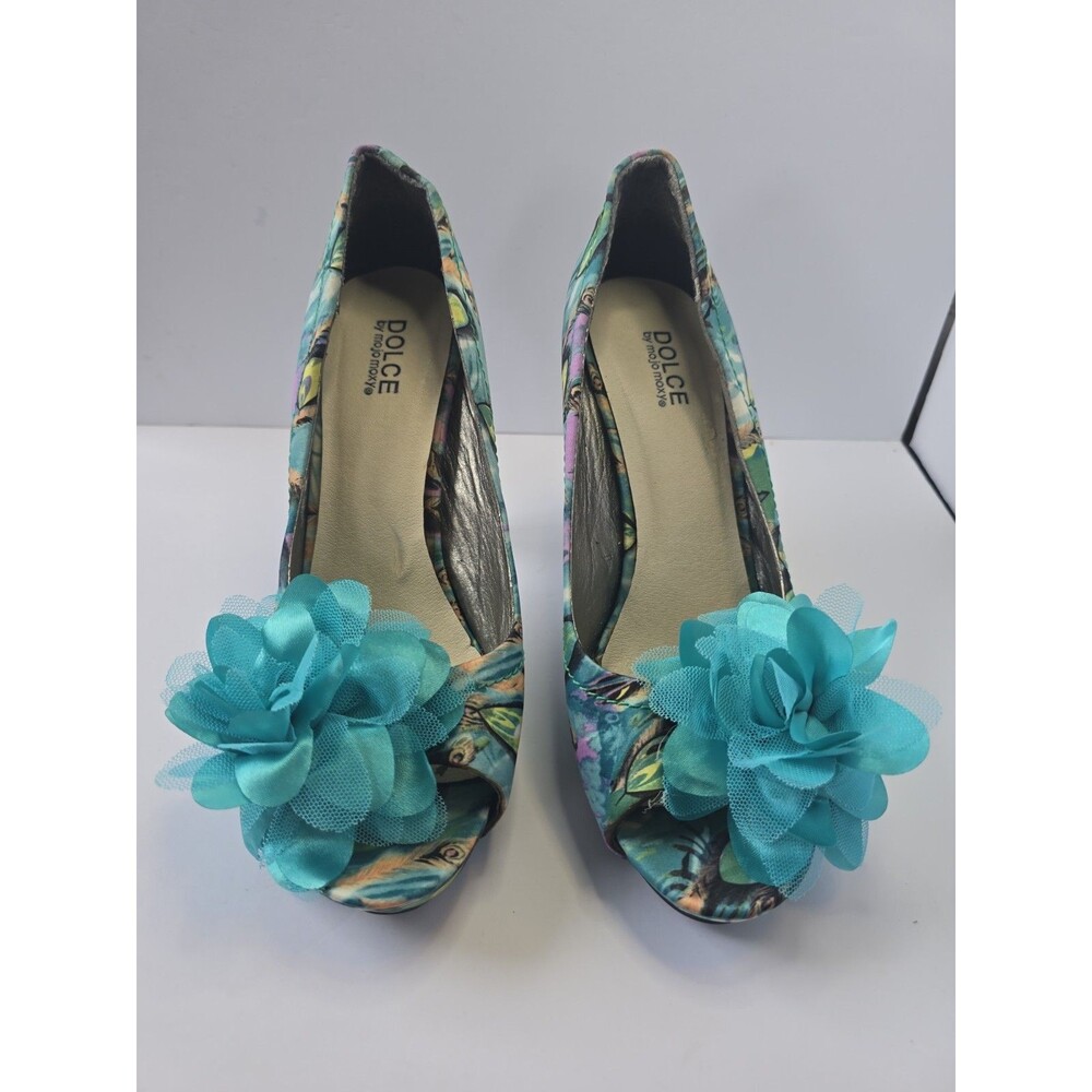 Dolce By Mojo Moxy Heels Colorful Green blue Floral Print Sz 9.5Peep Toe Pumps